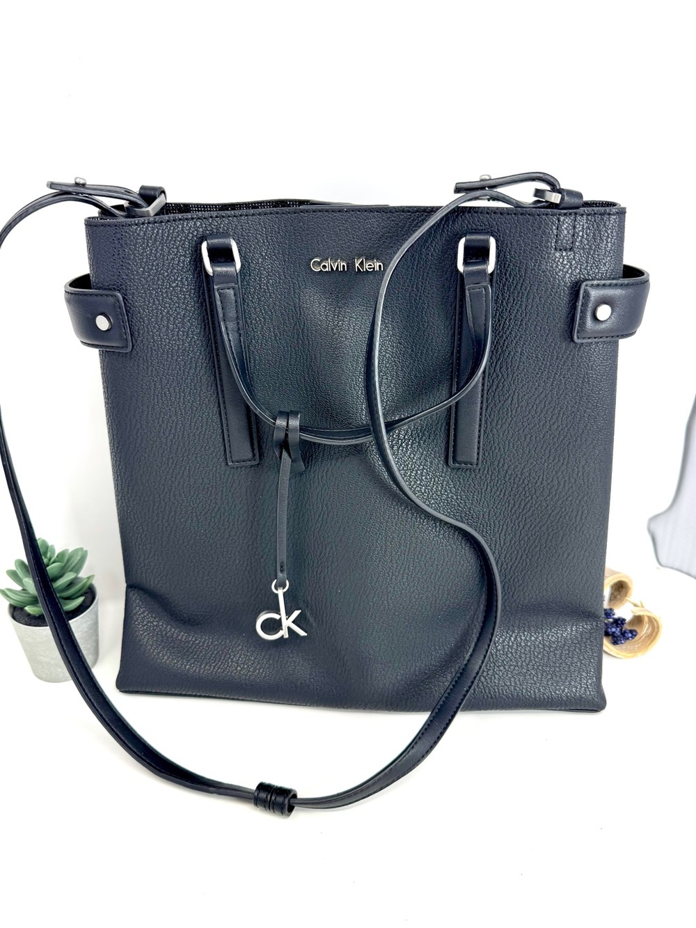 Calvin Klein Black Pebbled Tote Bag with CK Charm